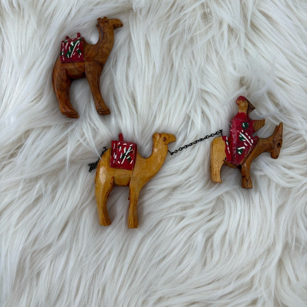 Vintage Donkey & Camel Train Figurines Hand Carved‎ Olive Wood Jerusalem caravan